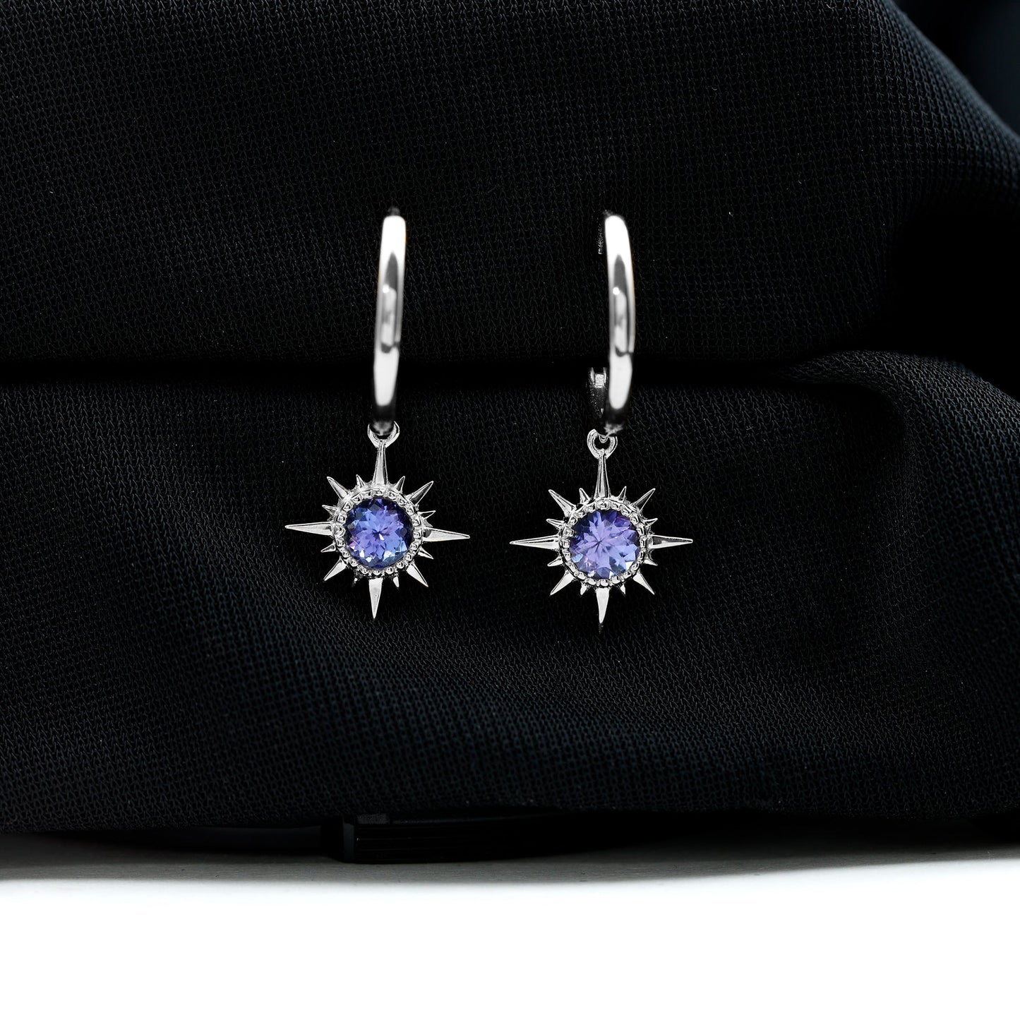 Real Tanzanite Sunburst Hoop Drop Earrings