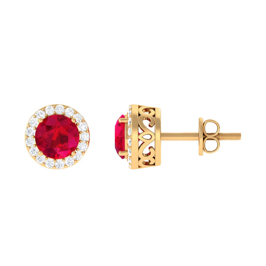 5MM Lab Created Ruby Halo Stud Earrings with Diamond