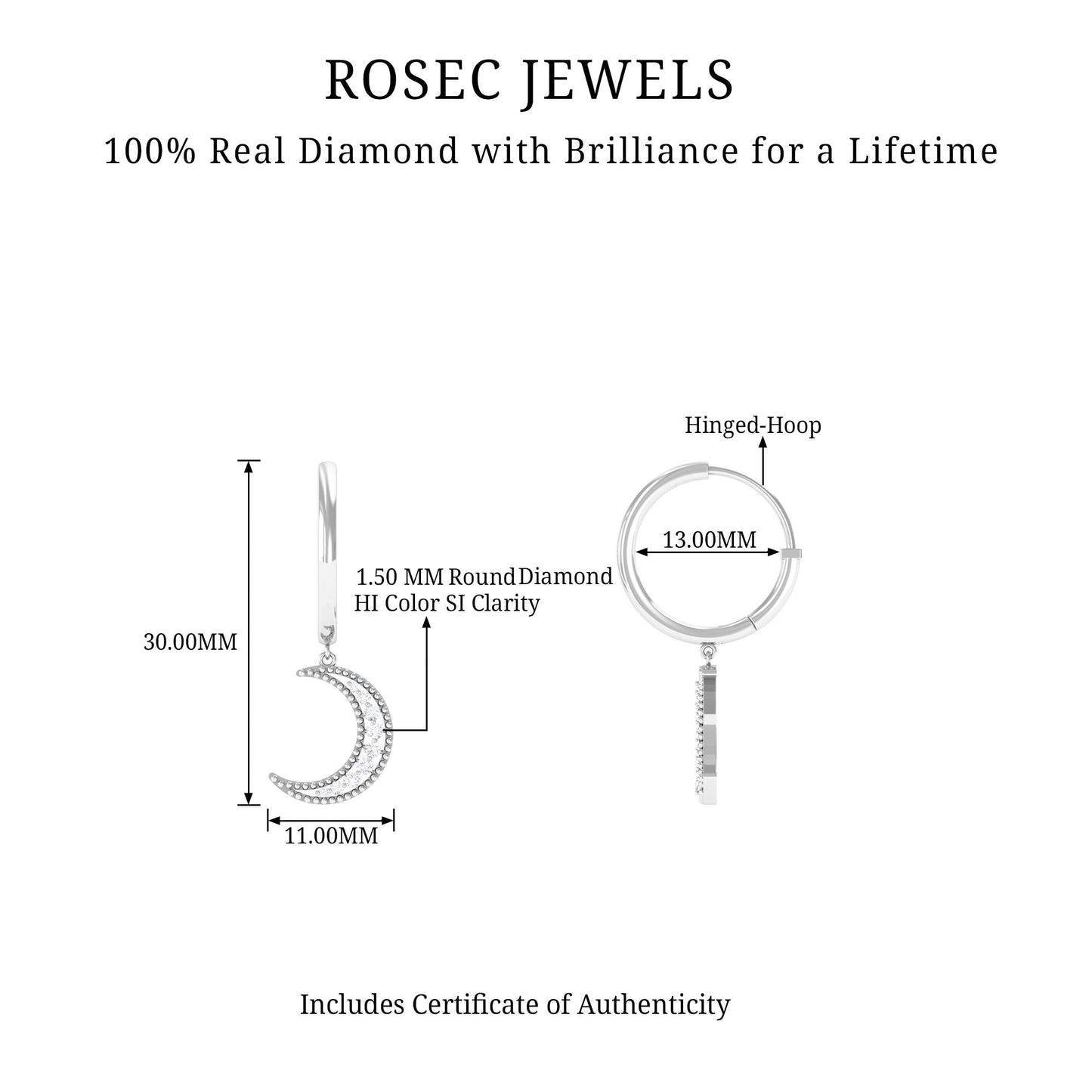 Certified Diamond Moon Drop Hoop Earrings