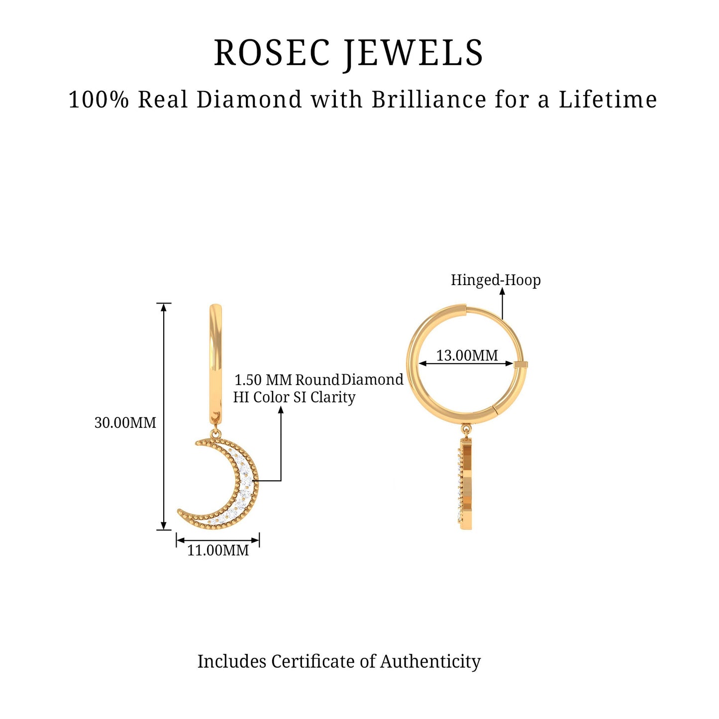 Certified Diamond Moon Drop Hoop Earrings