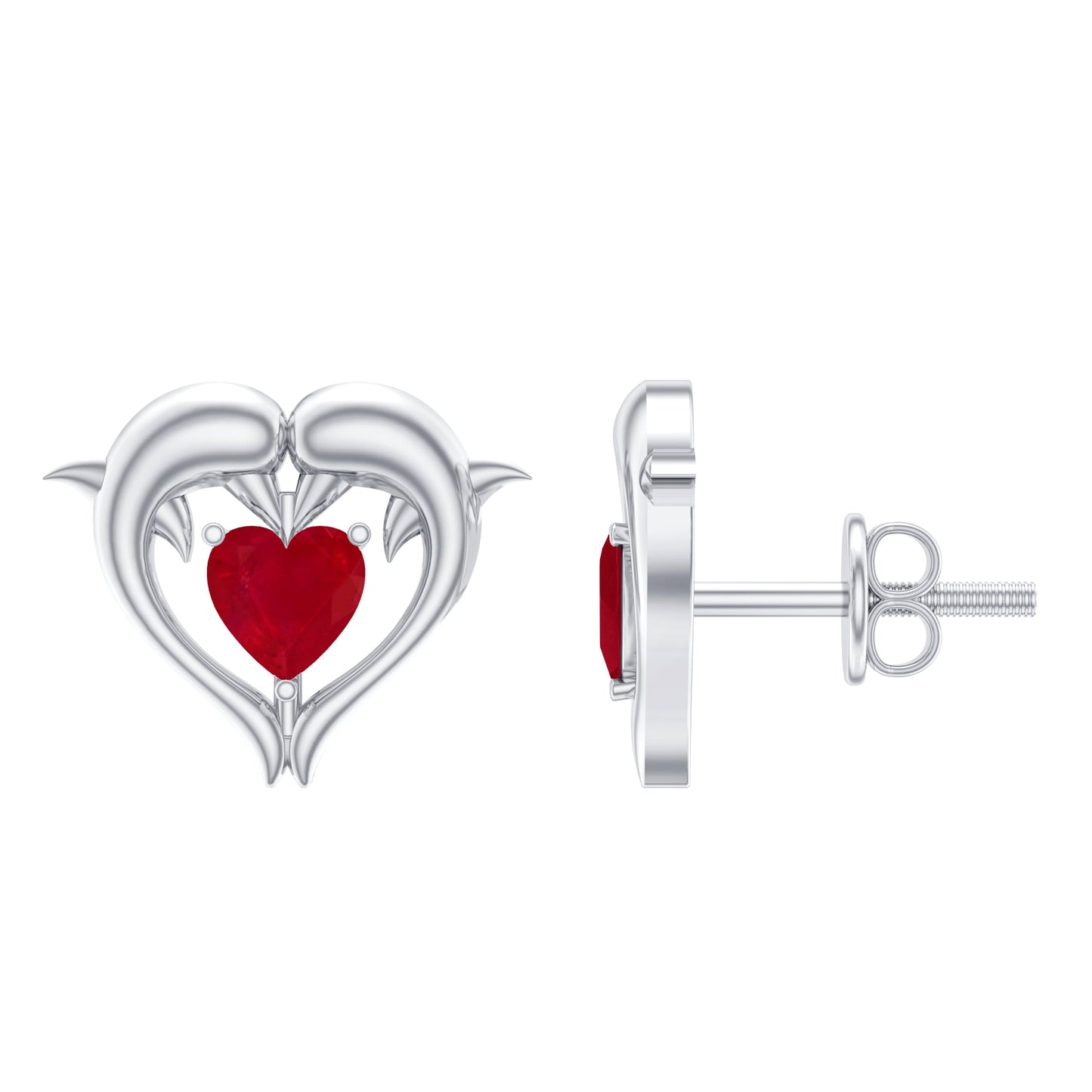 1 CT Heart Shape Ruby Dolphin Stud Earrings