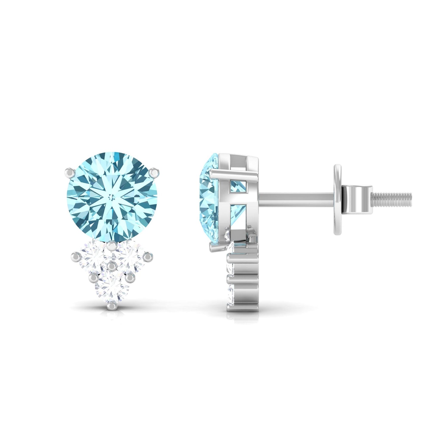 2 CT Natural Aquamarine Stud Earrings with Diamond Trio