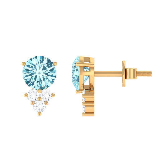 2 CT Natural Aquamarine Stud Earrings with Diamond Trio