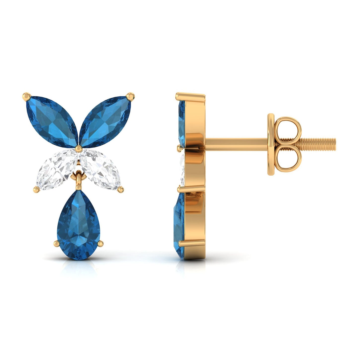 London Blue Topaz and Moissanite Flower Drop Earrings