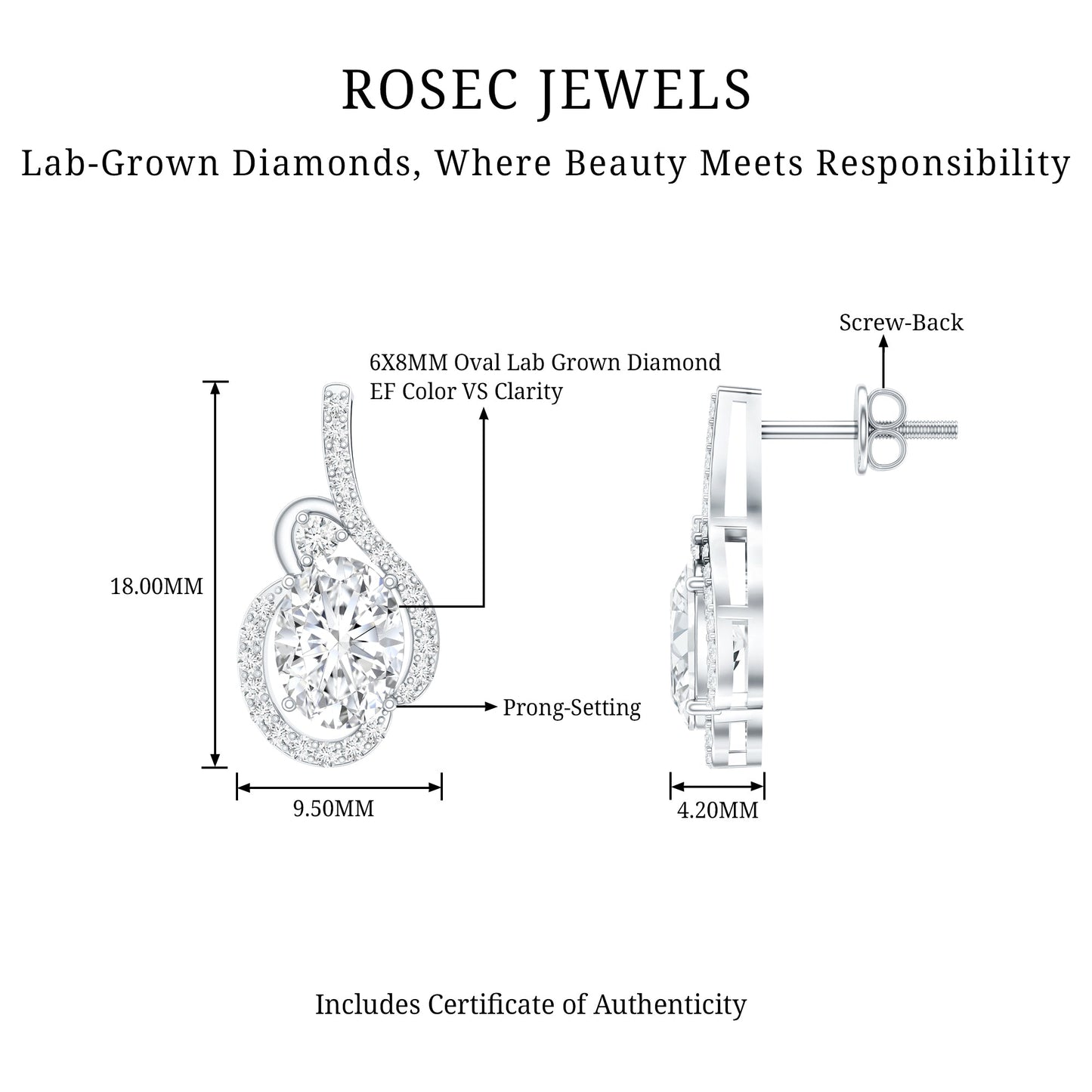 Certified 6X8 MM Oval Lab Grown Diamond Designer Stud Earrings