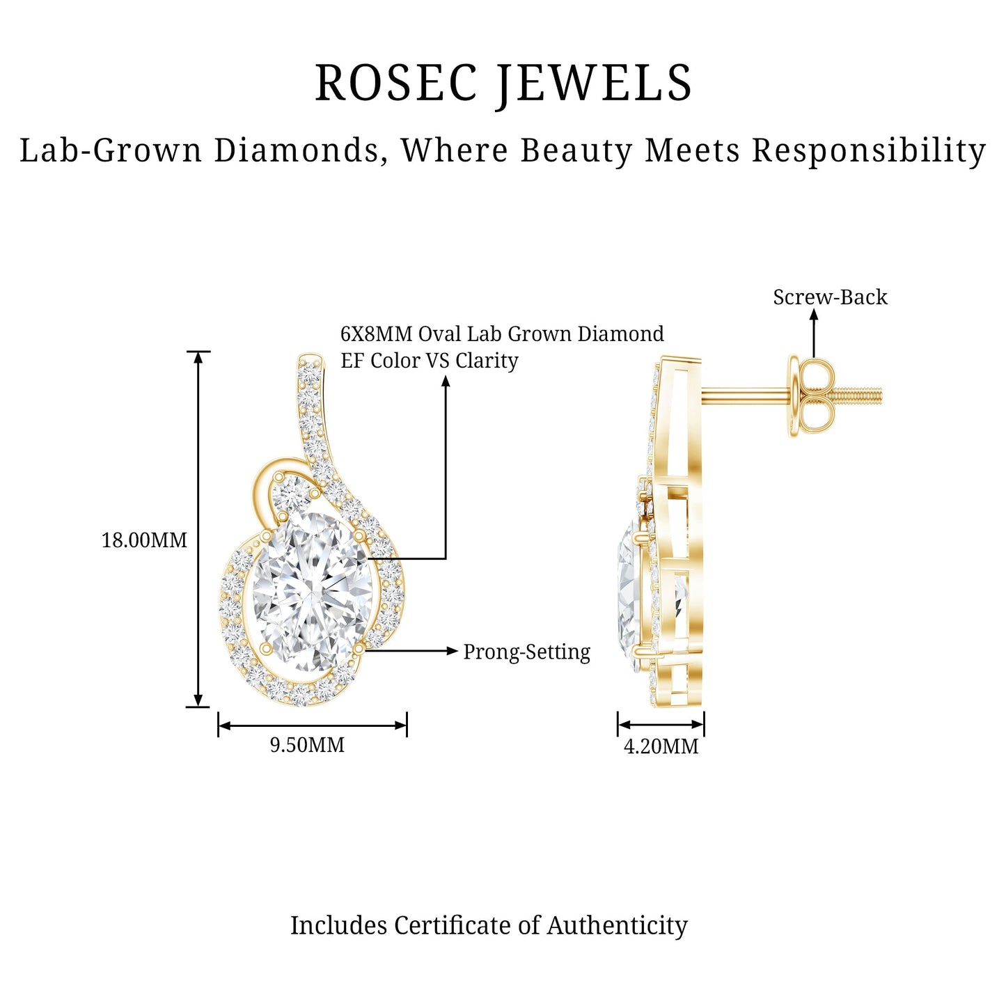 Certified 6X8 MM Oval Lab Grown Diamond Designer Stud Earrings
