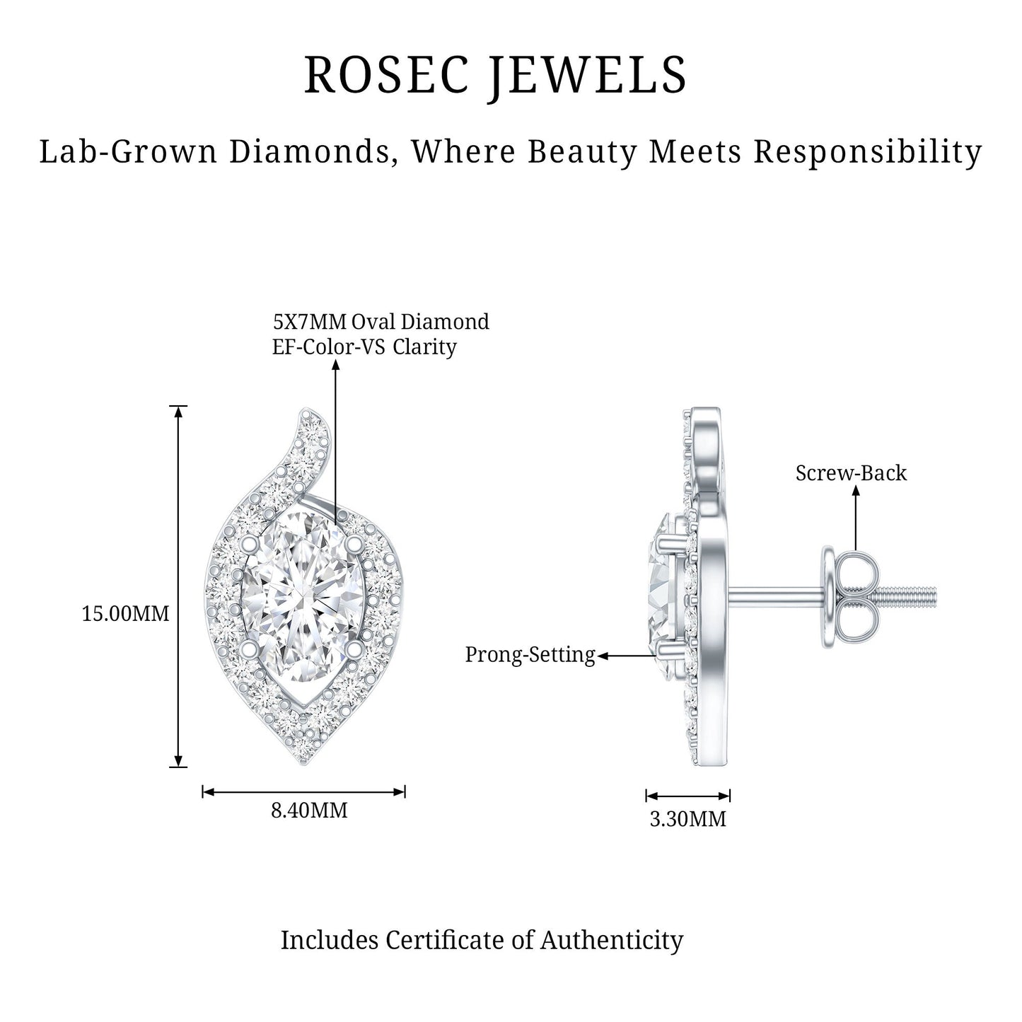 Certified 5X7 MM Oval Lab Grown Diamond Stud Earrings For Women