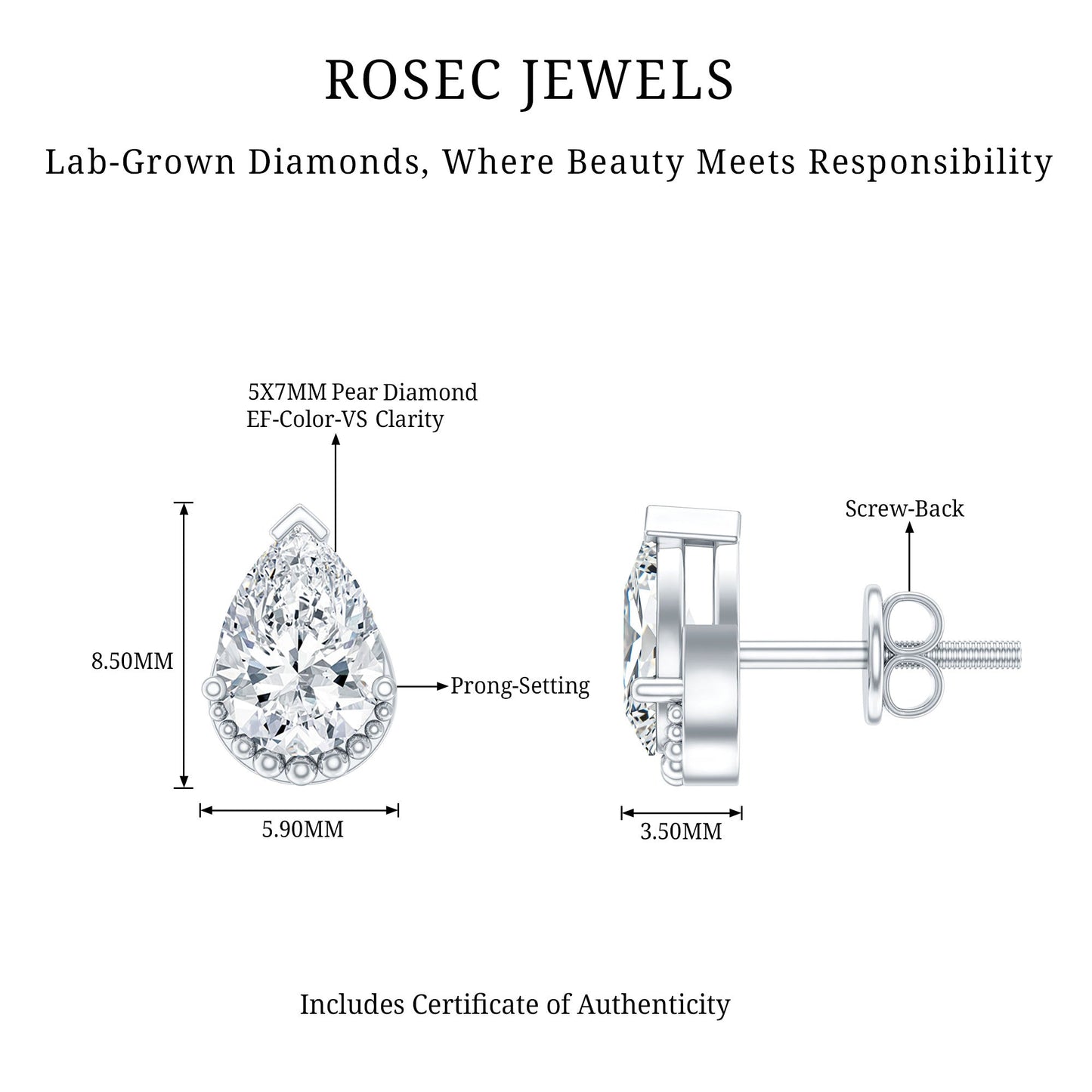 Certified Lab 5X7 MM Pear Diamond Designer Stud Earrings