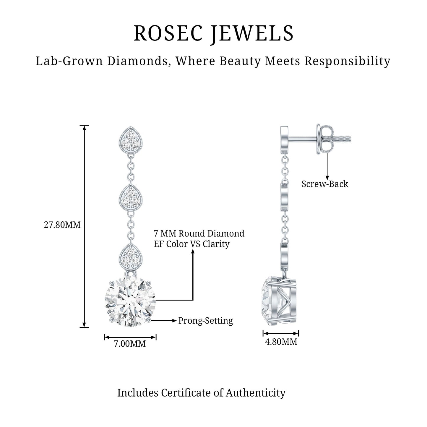 Certified Lab 7 MM Round Diamond Dangle Chain Earrings