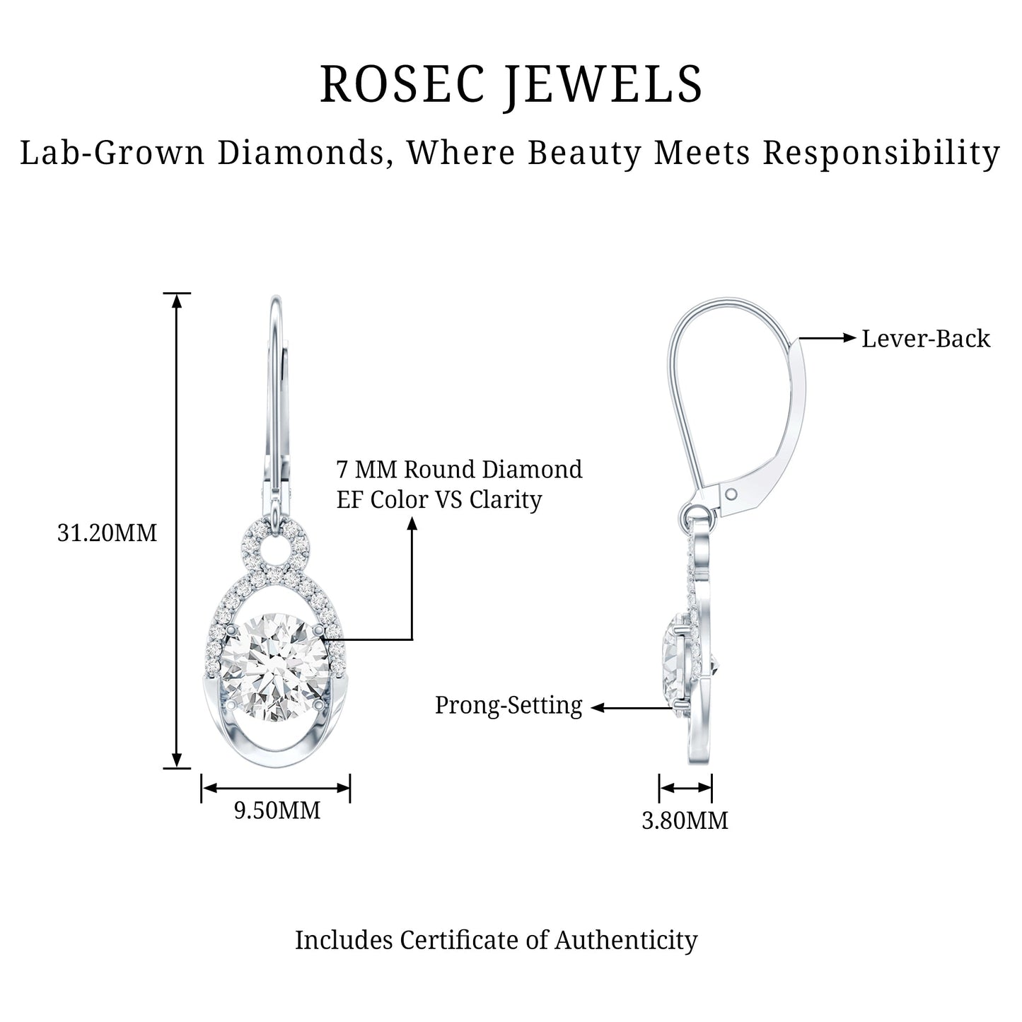 Certified 7 MM Round Lab Grown Diamond Drop Hoop Earrings