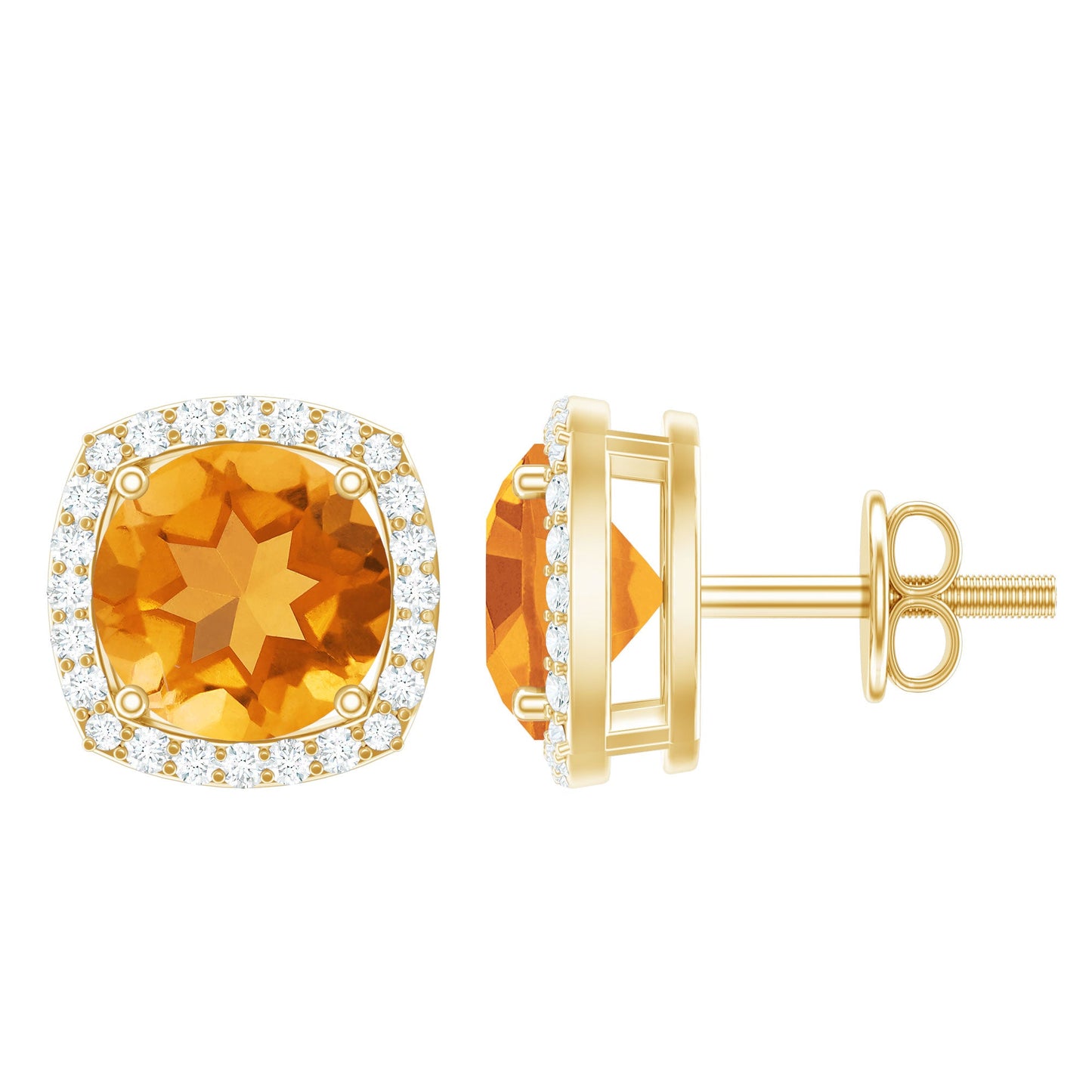 Genuine 7mm Round Citrine Stud Earrings with Diamond Halo