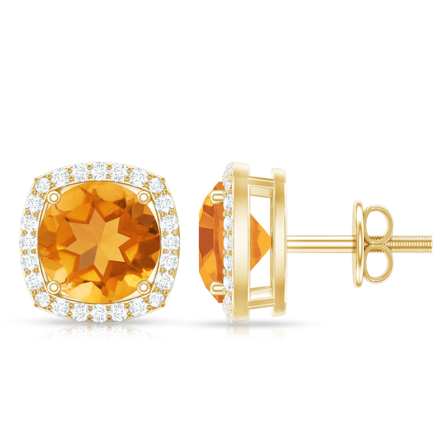 Genuine 7mm Round Citrine Stud Earrings with Diamond Halo