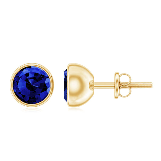 2 Carat Round Lab Created Blue Sapphire Stud Earrings in Bezel Setting