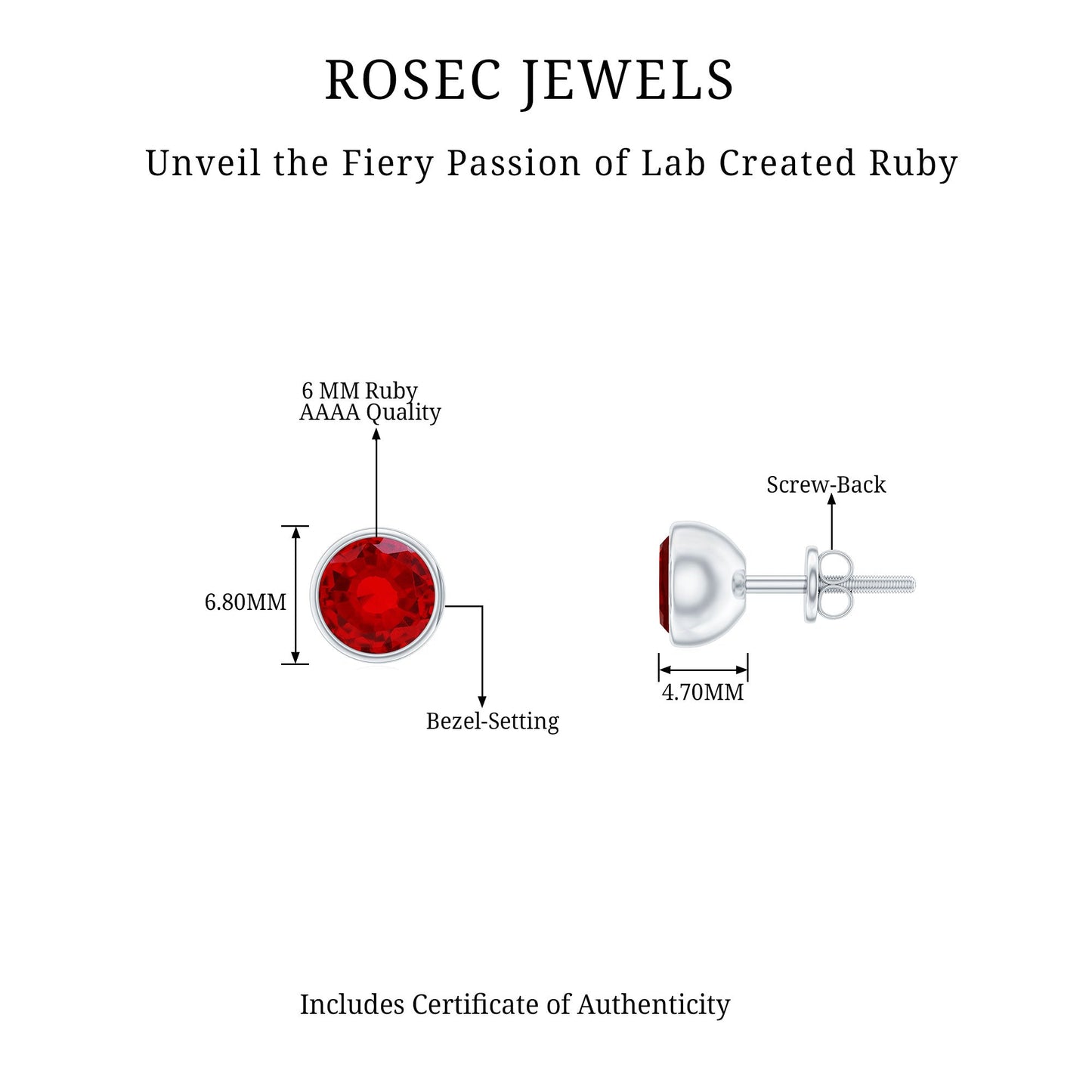 Lab Grown Ruby Solitaire Stud Earrings in Bezel Setting