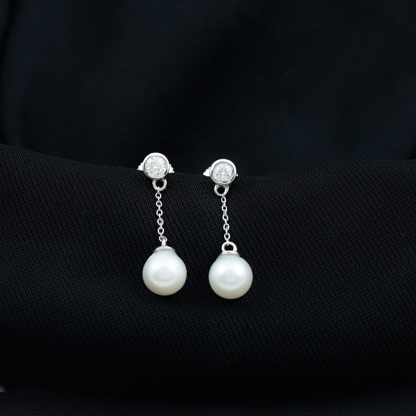 7MM Freshwater Pearl and Diamond Chain Drop Earrings