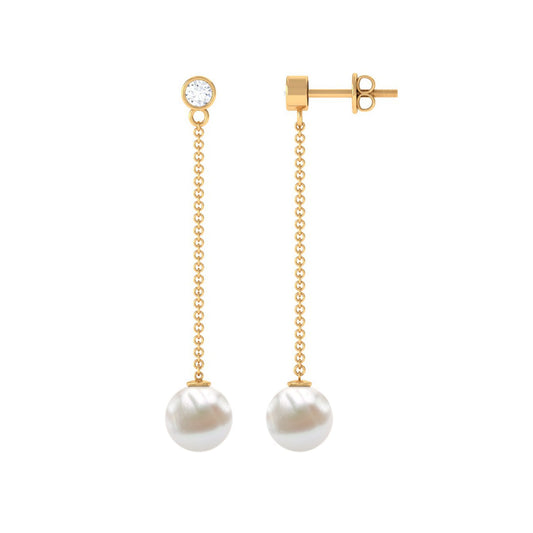 7MM Freshwater Pearl and Diamond Chain Drop Earrings