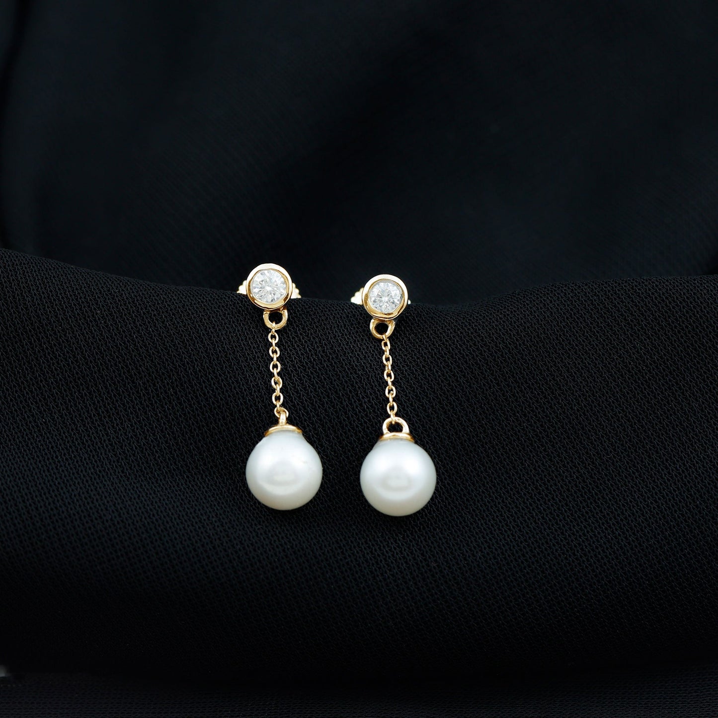 7MM Freshwater Pearl and Diamond Chain Drop Earrings