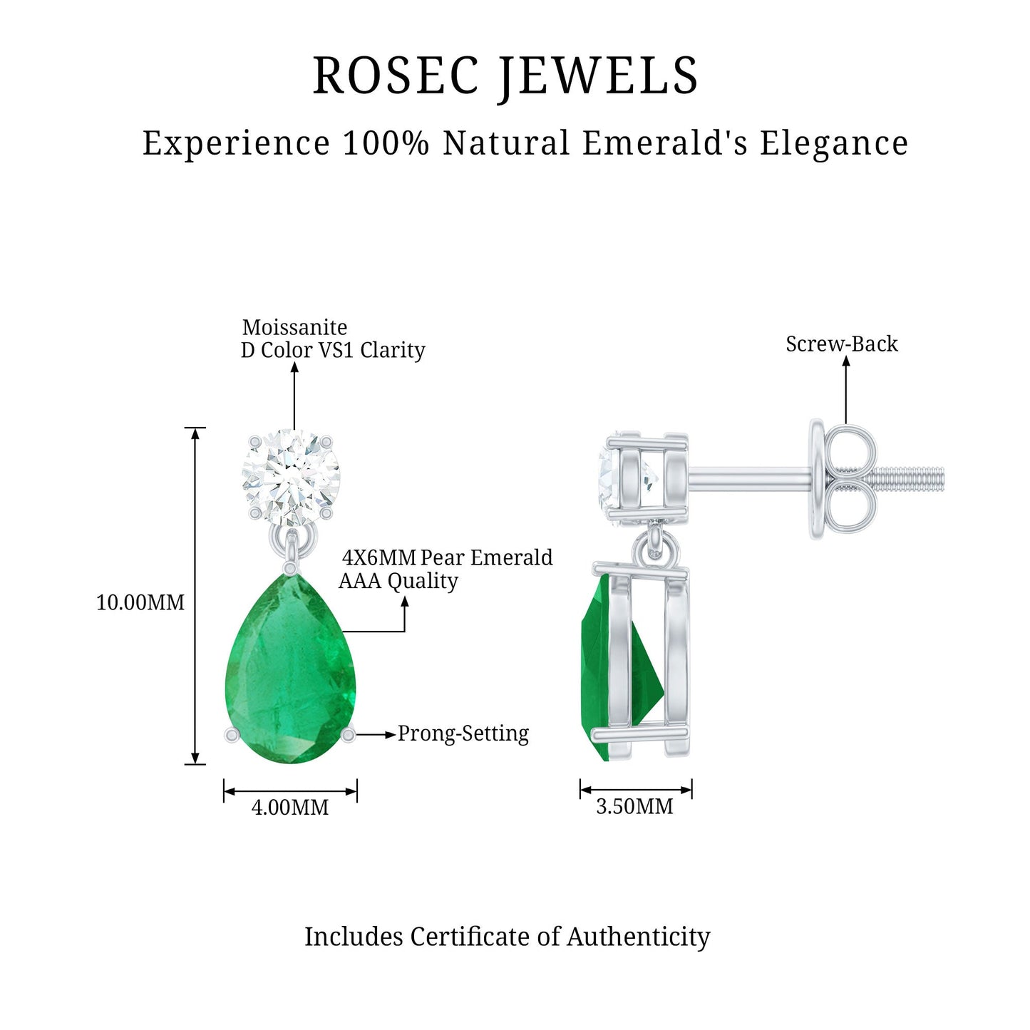 Natural Emerald and Moissanite Bridal Teardrop Earrings