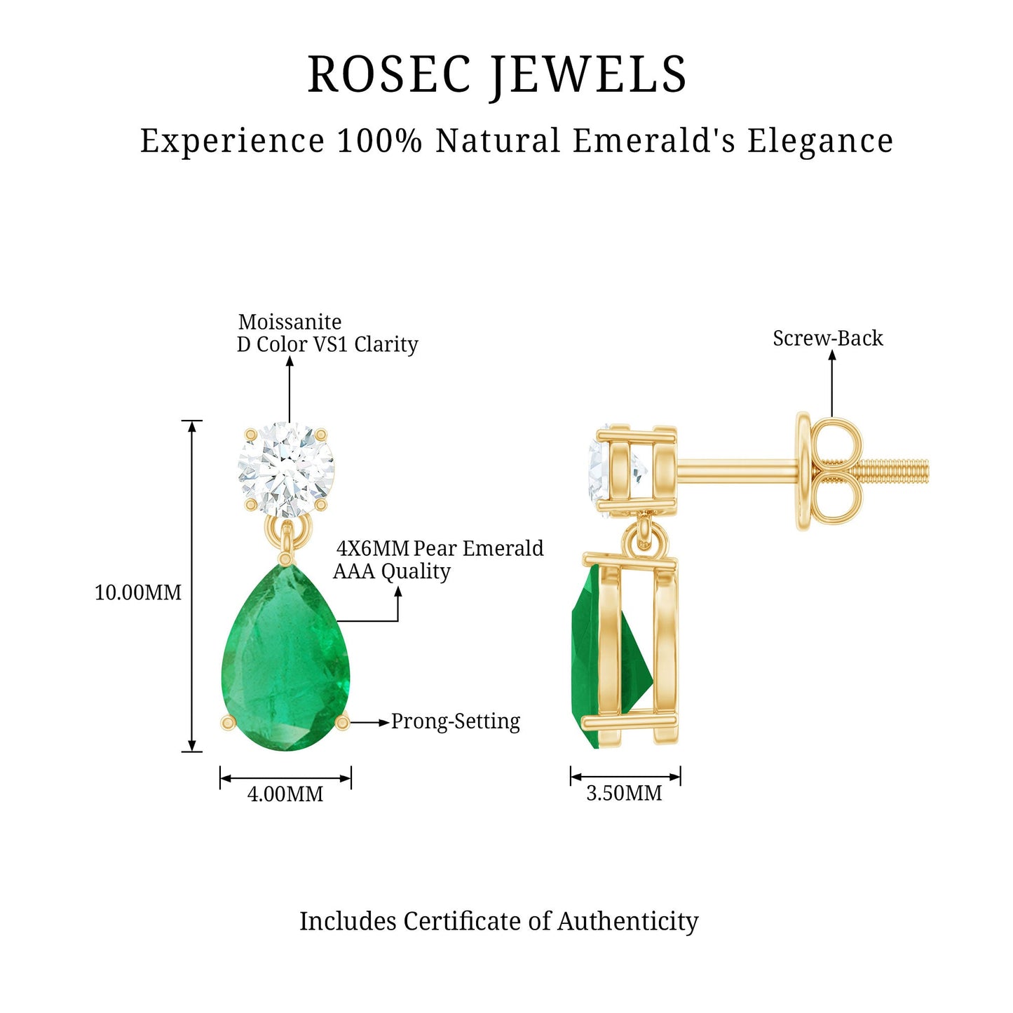 Natural Emerald and Moissanite Bridal Teardrop Earrings