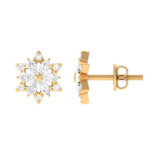 Round Diamond Flower Stud Earrings With Screw Back