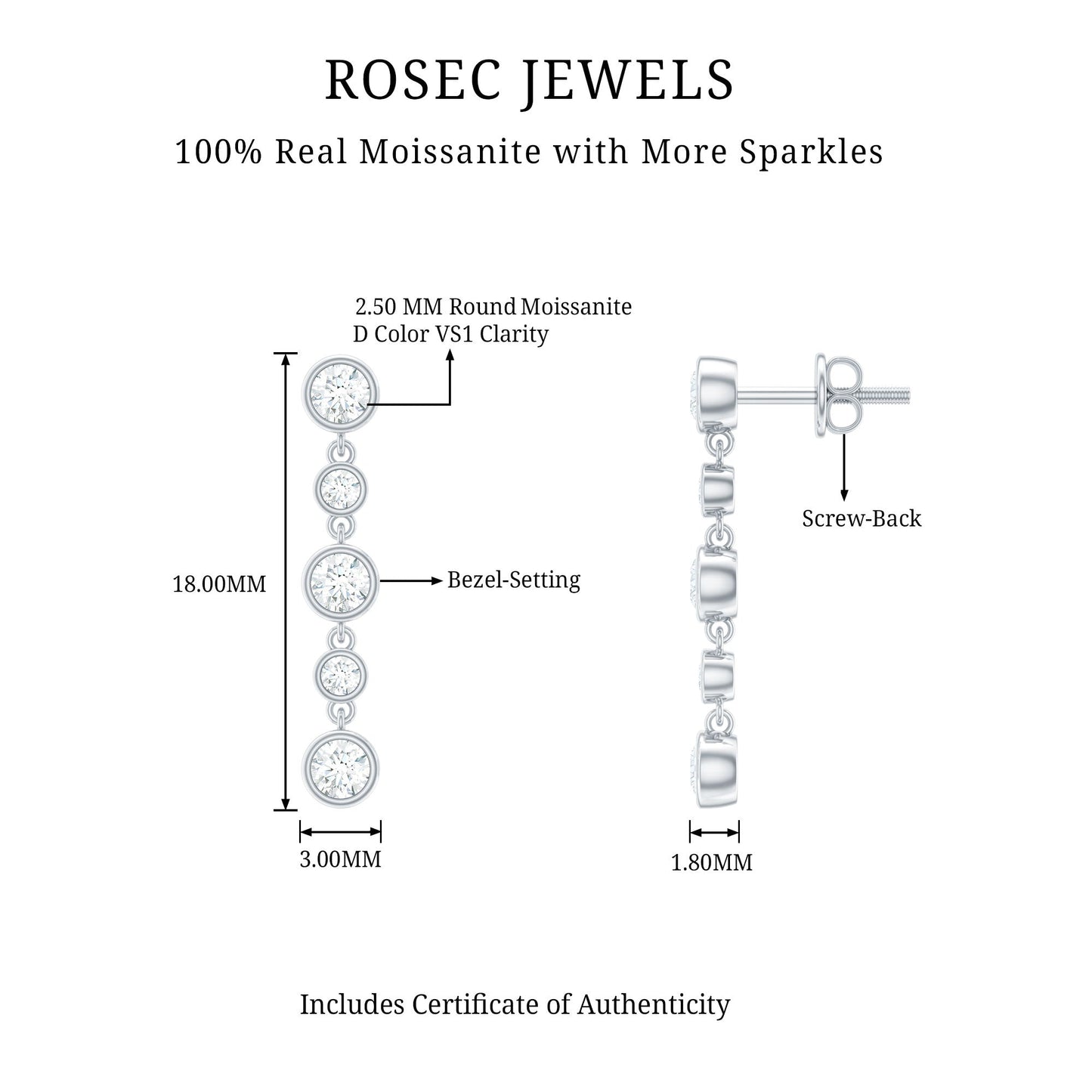 Certified Moissanite Dangle Earrings in Bezel Setting