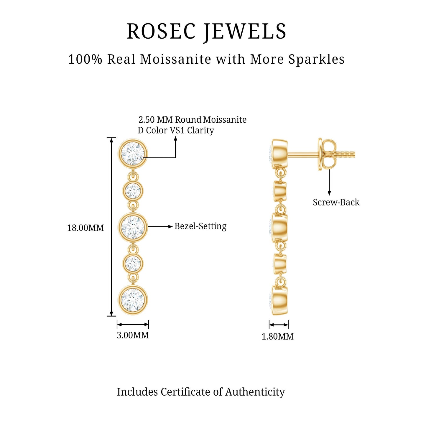 Certified Moissanite Dangle Earrings in Bezel Setting