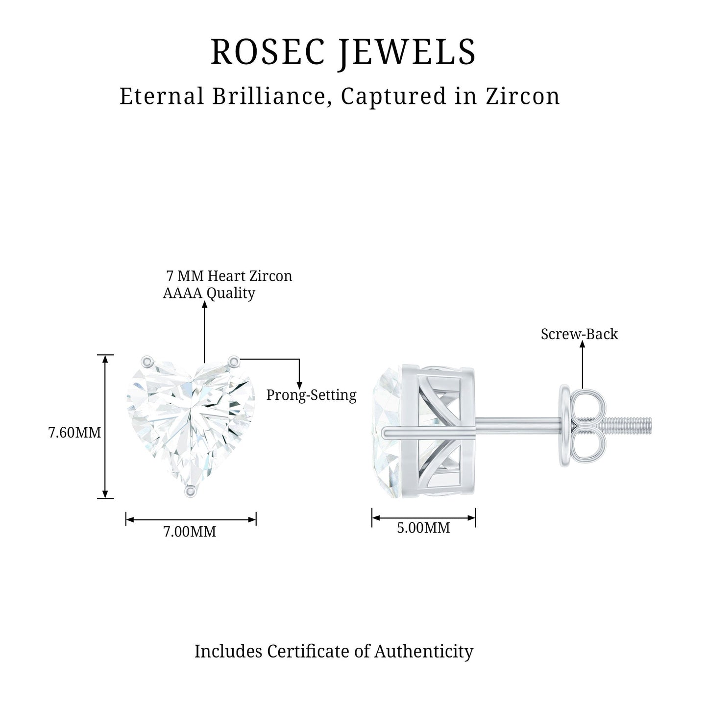 3 Carat Heart Shape Cubic Zirconia Solitaire Stud Earrings