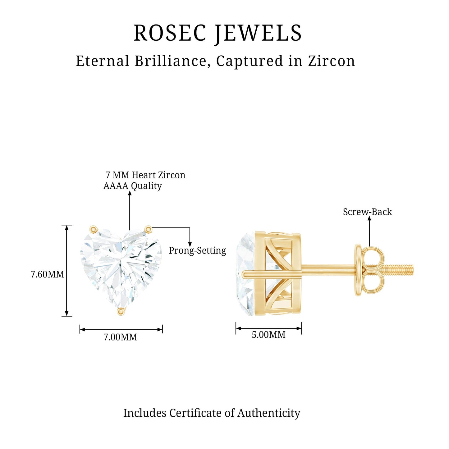 3 Carat Heart Shape Cubic Zirconia Solitaire Stud Earrings