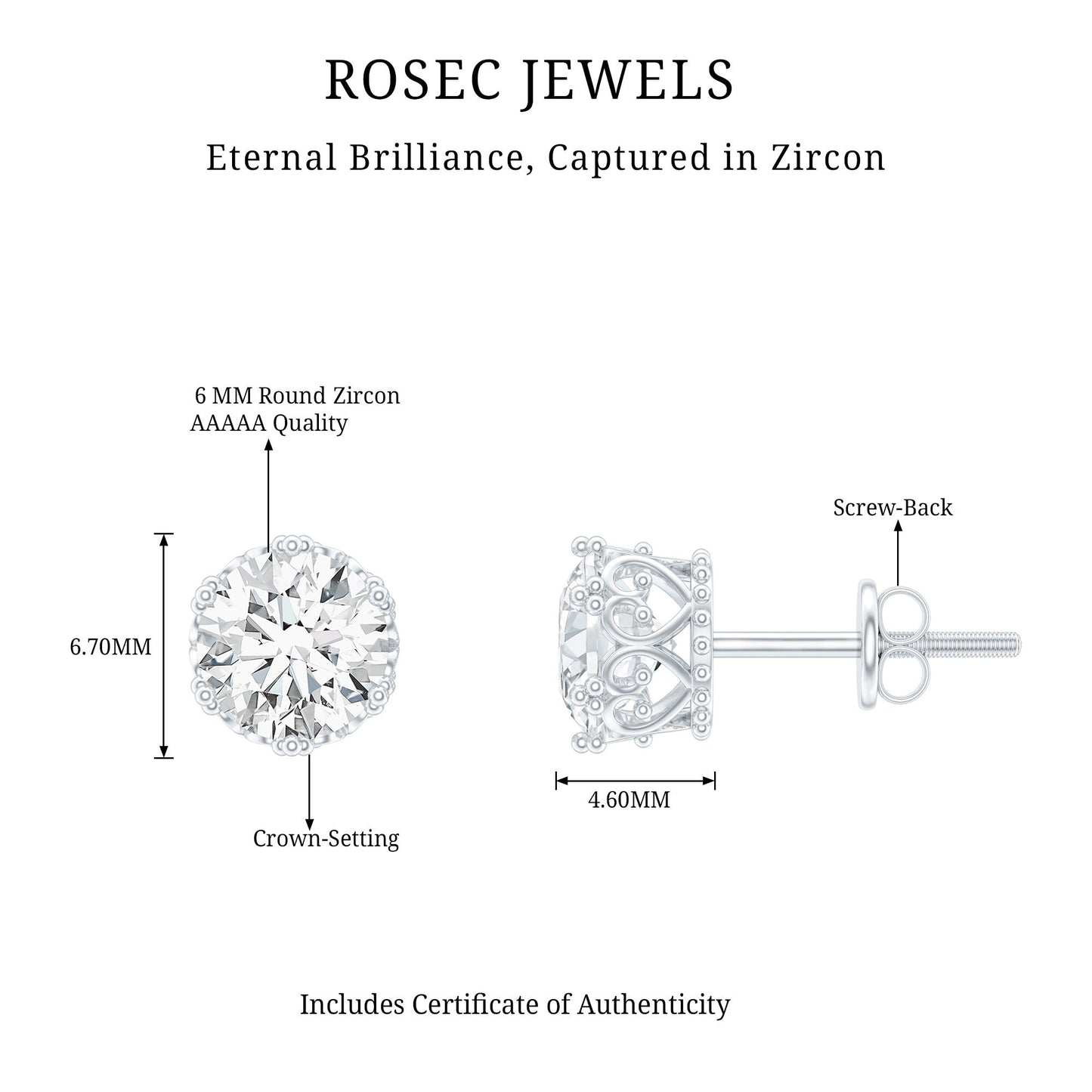 2 CT Round Cut Zircon Solitaire Stud Earrings in Crown Setting