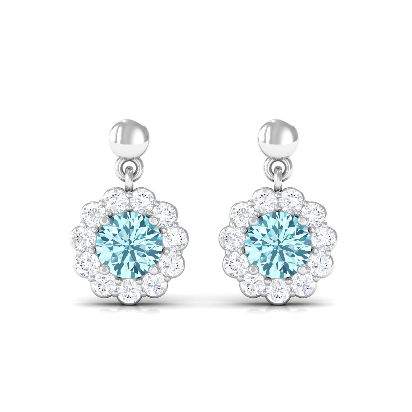 1 CT Real Aquamarine and Diamond Flower Halo Drop Earrings