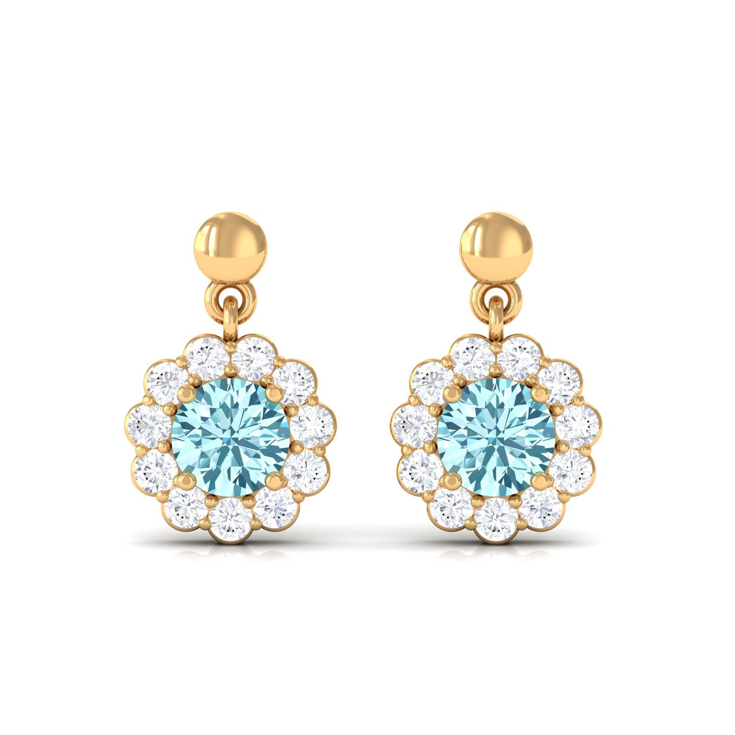 1 CT Real Aquamarine and Diamond Flower Halo Drop Earrings
