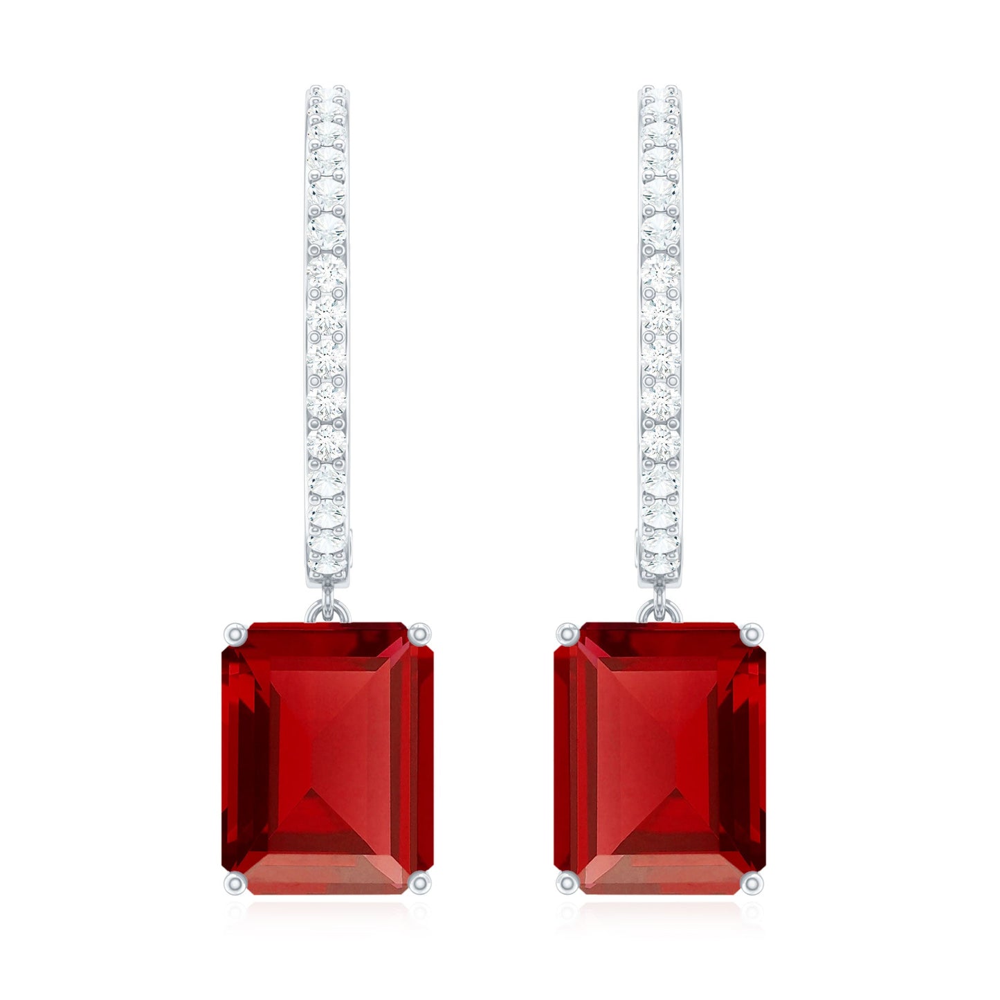 Emerald Cut Lab Created Ruby and Diamond Hoop Drop Earrings