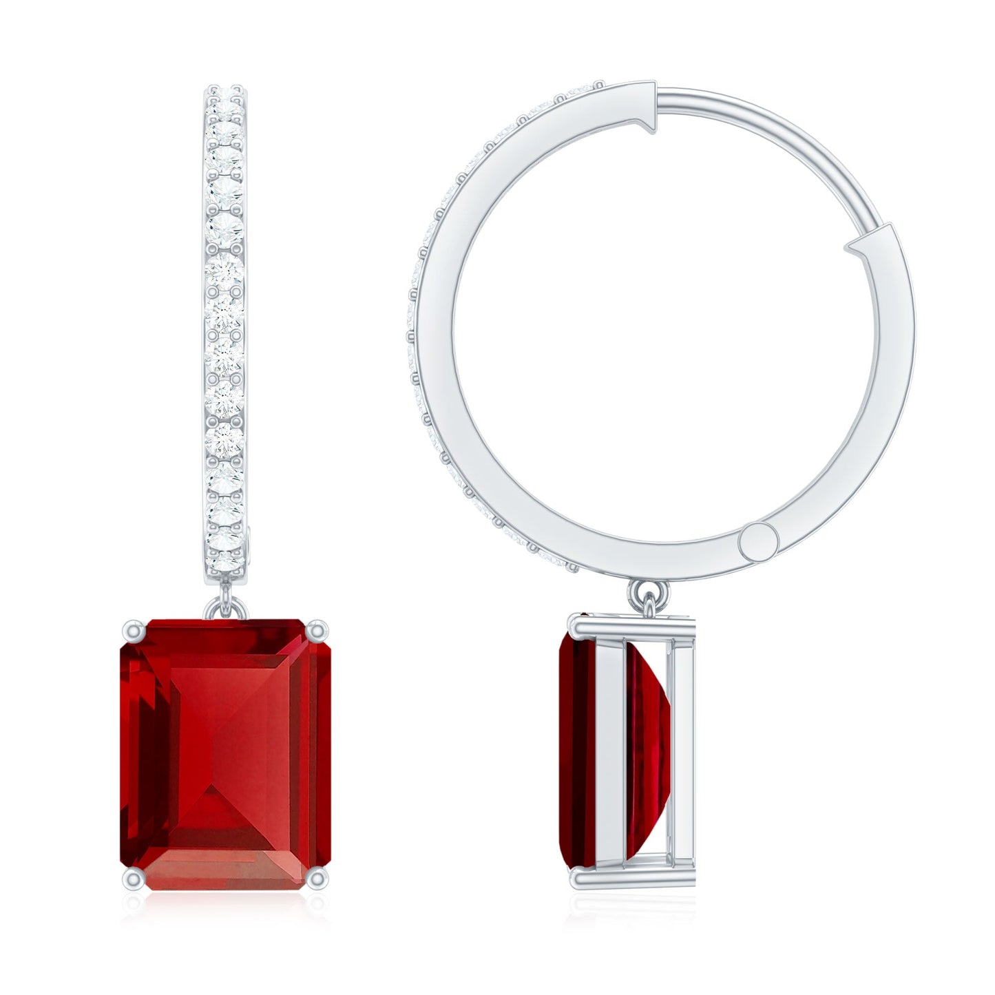 Emerald Cut Lab Created Ruby and Diamond Hoop Drop Earrings