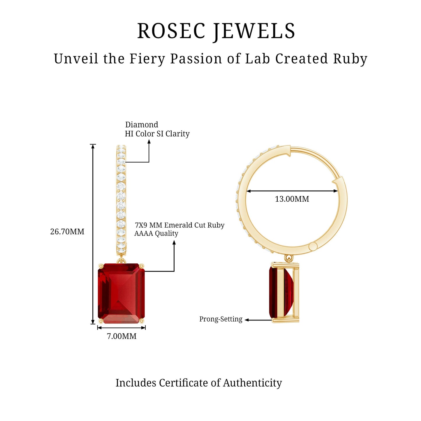Emerald Cut Lab Created Ruby and Diamond Hoop Drop Earrings