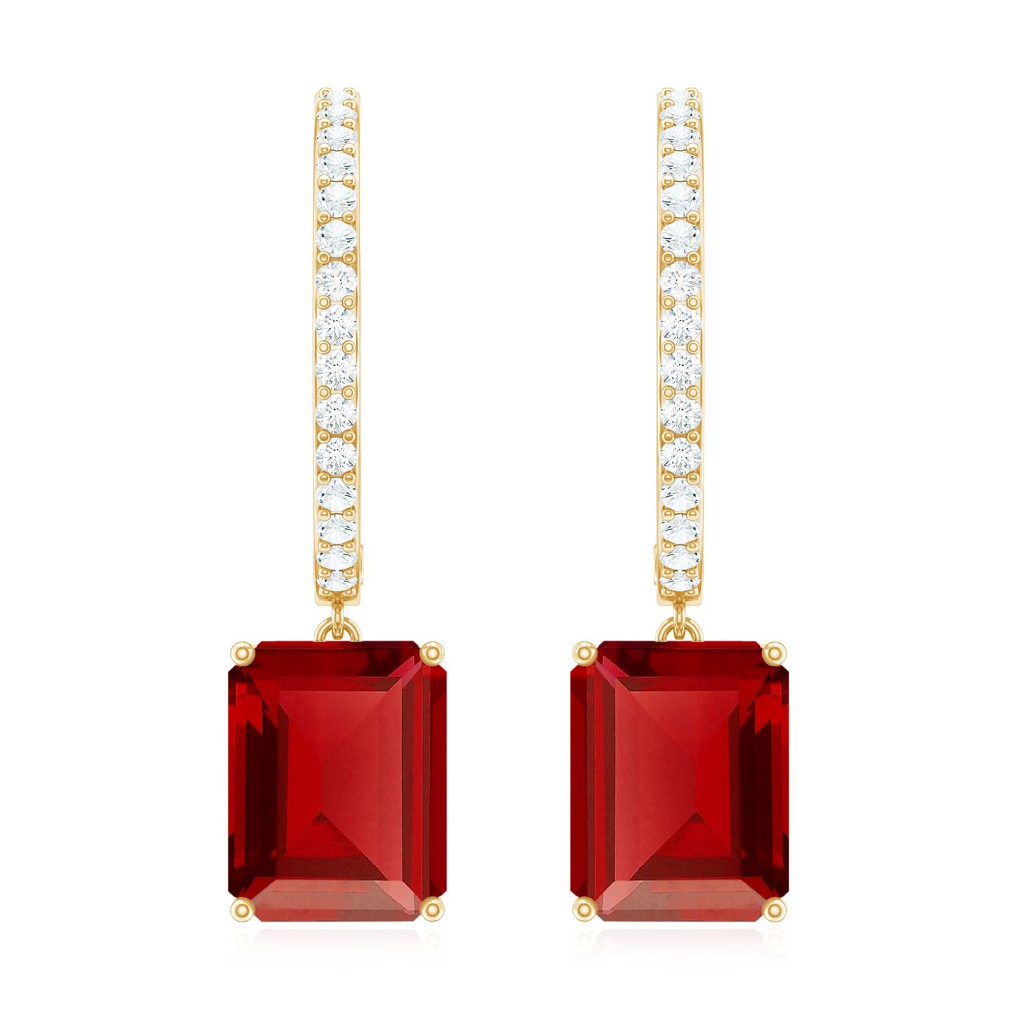 Emerald Cut Lab Created Ruby and Diamond Hoop Drop Earrings