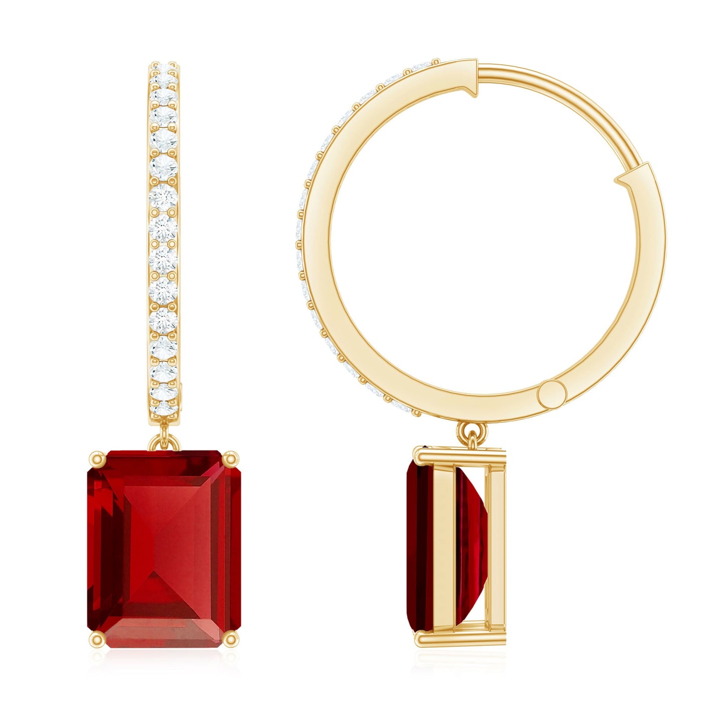 Emerald Cut Lab Created Ruby and Diamond Hoop Drop Earrings