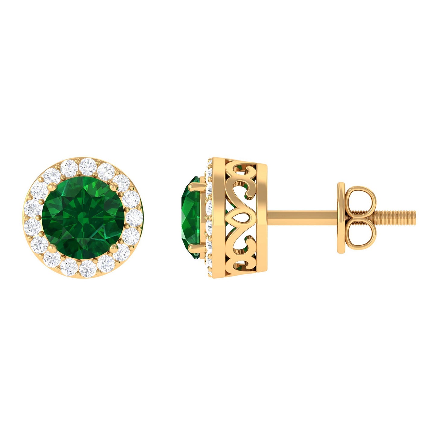 Created Emerald and Diamond Classic Halo Stud Earrings