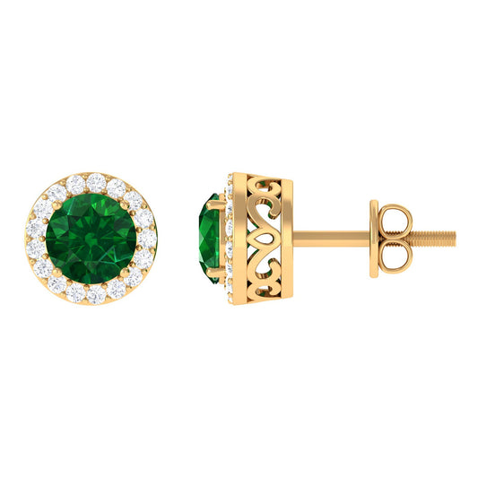 Created Emerald and Diamond Classic Halo Stud Earrings
