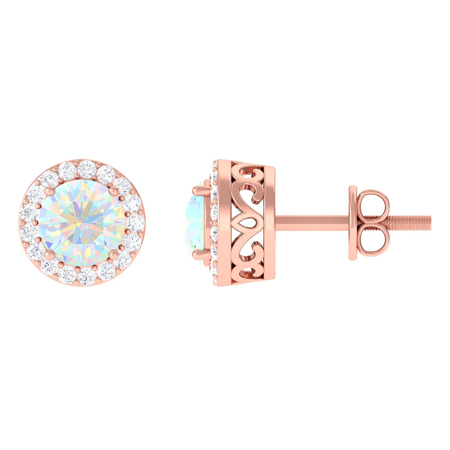 2 CT Round Ethiopian Opal Minimal Stud Earrings with Diamond Halo in Prong Setting