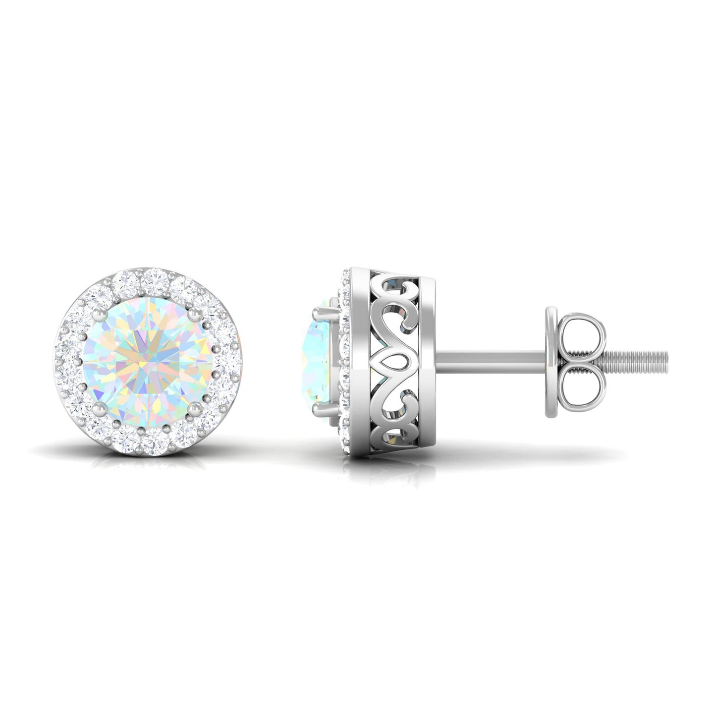 2 CT Round Ethiopian Opal Minimal Stud Earrings with Diamond Halo in Prong Setting
