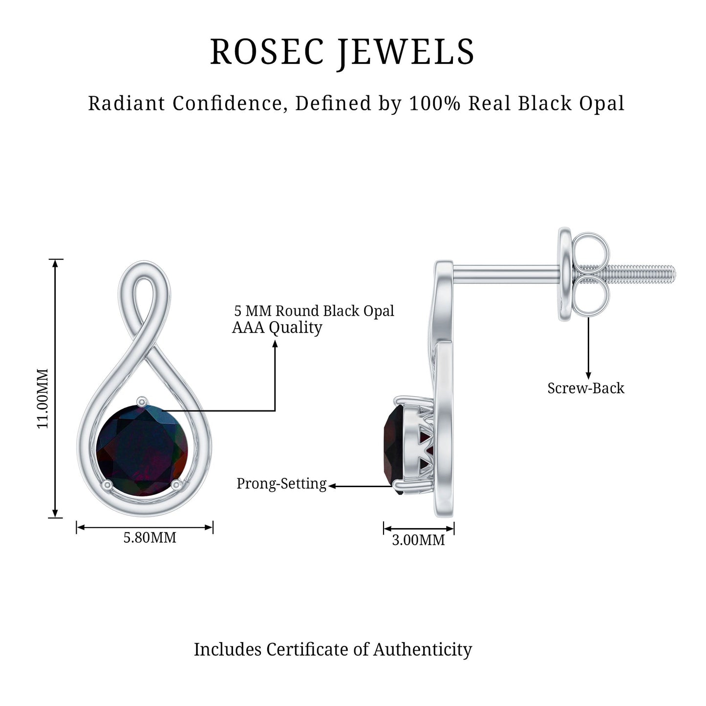 Natural Black Opal Infinity Earrings with Screw Back