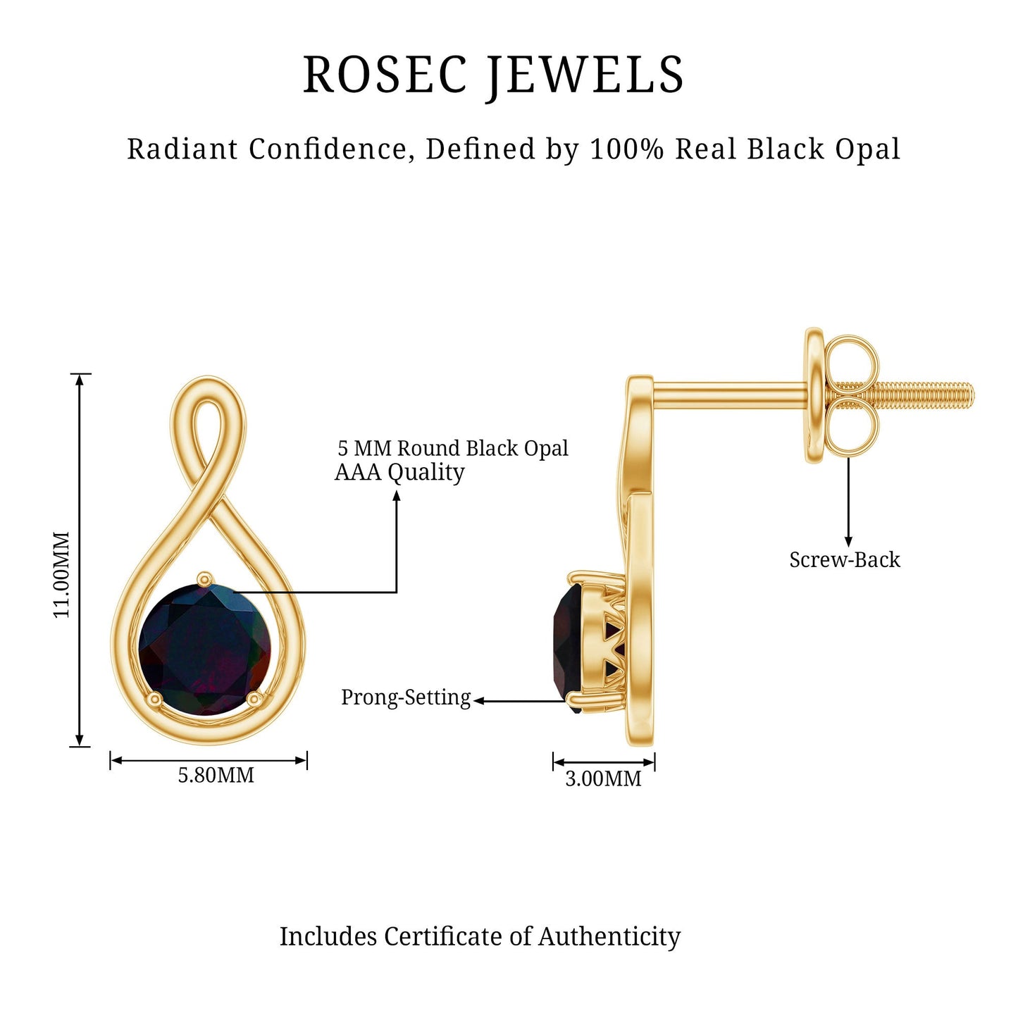 Natural Black Opal Infinity Earrings with Screw Back