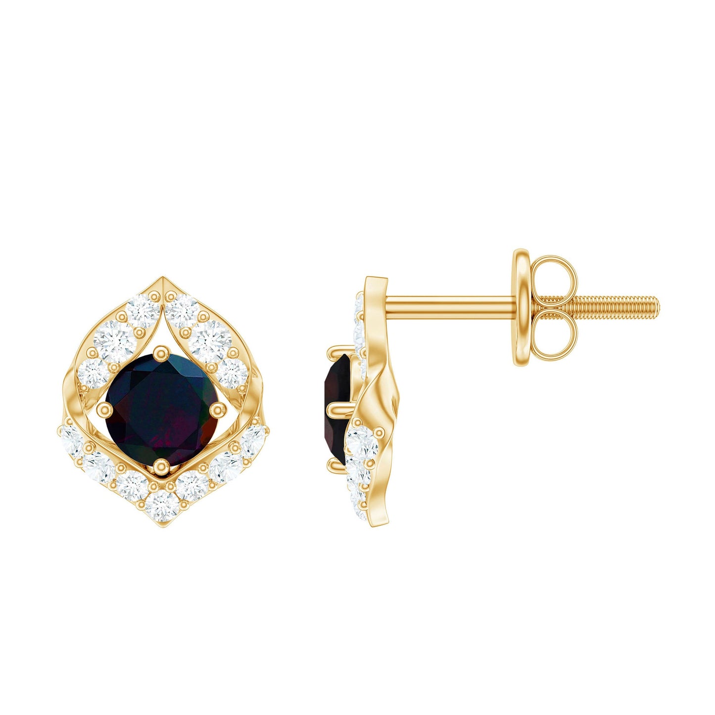 Natural Black Opal Diamond Leaf Earrings with Screw Back