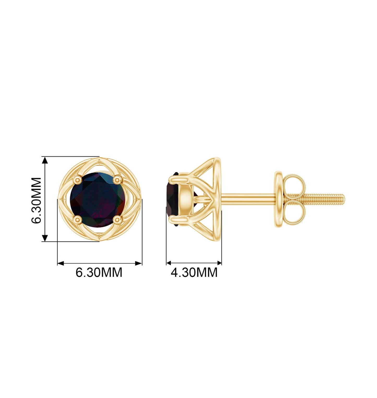 1/2 CT Round Shape Black Opal Solitaire Floral Stud Earrings