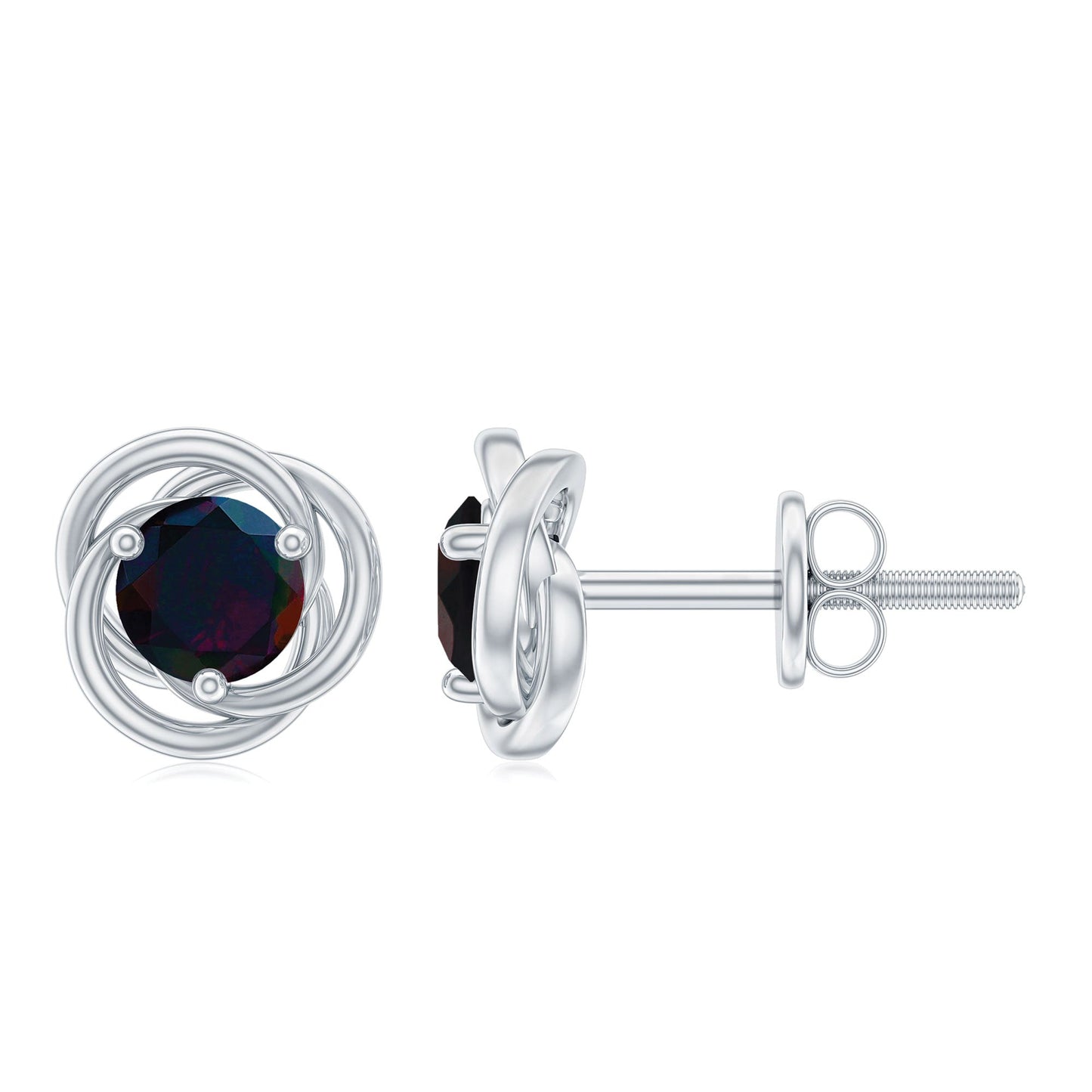 Natural Black Opal Solitaire Swirl Stud Earrings
