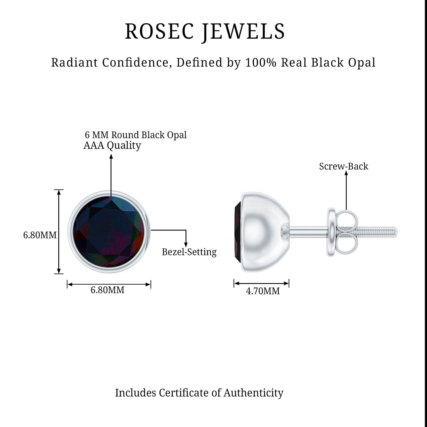 Bezel Set 6mm Black Opal Stud Earrings with Certificate