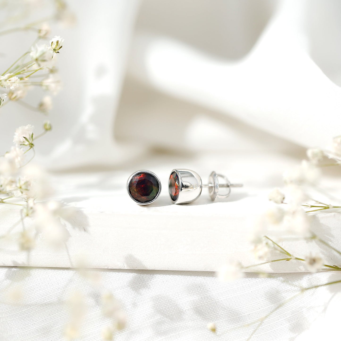 Bezel Set 6mm Black Opal Stud Earrings with Certificate