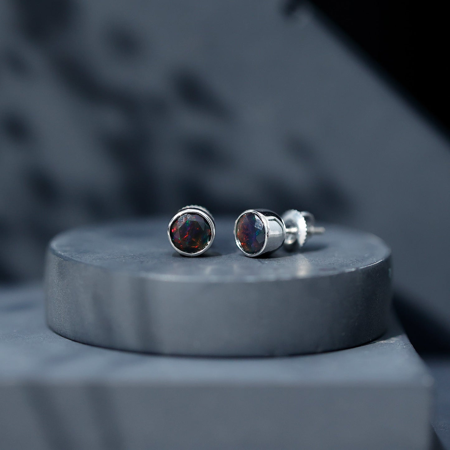 Bezel Set 6mm Black Opal Stud Earrings with Certificate