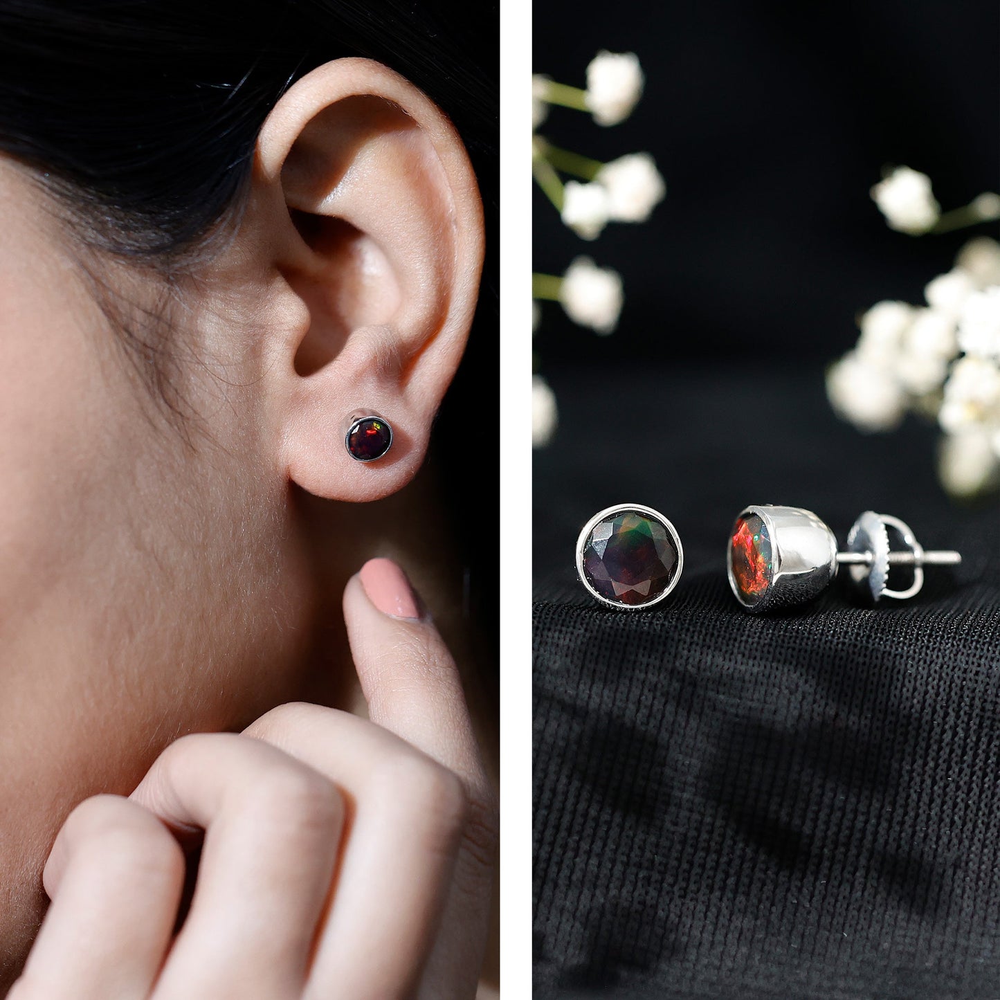 Bezel Set 6mm Black Opal Stud Earrings with Certificate