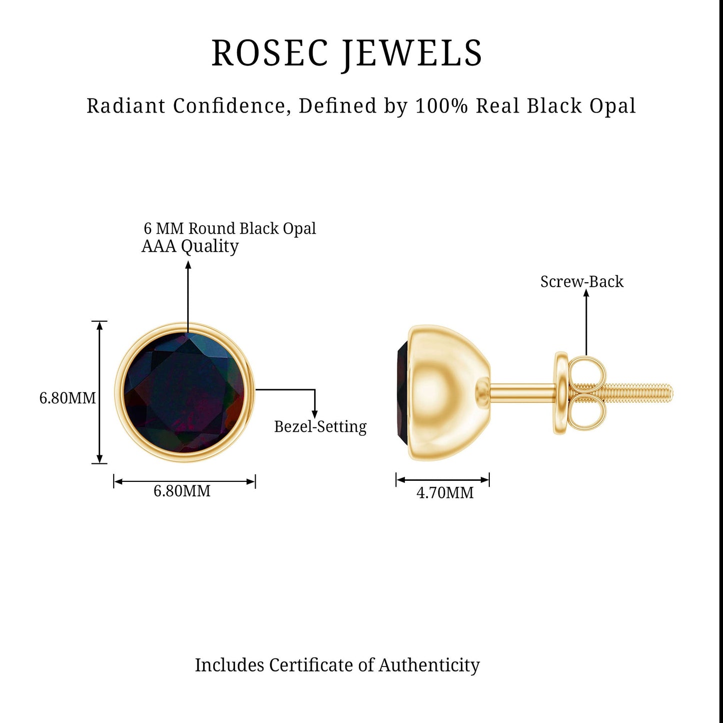 Bezel Set 6mm Black Opal Stud Earrings with Certificate